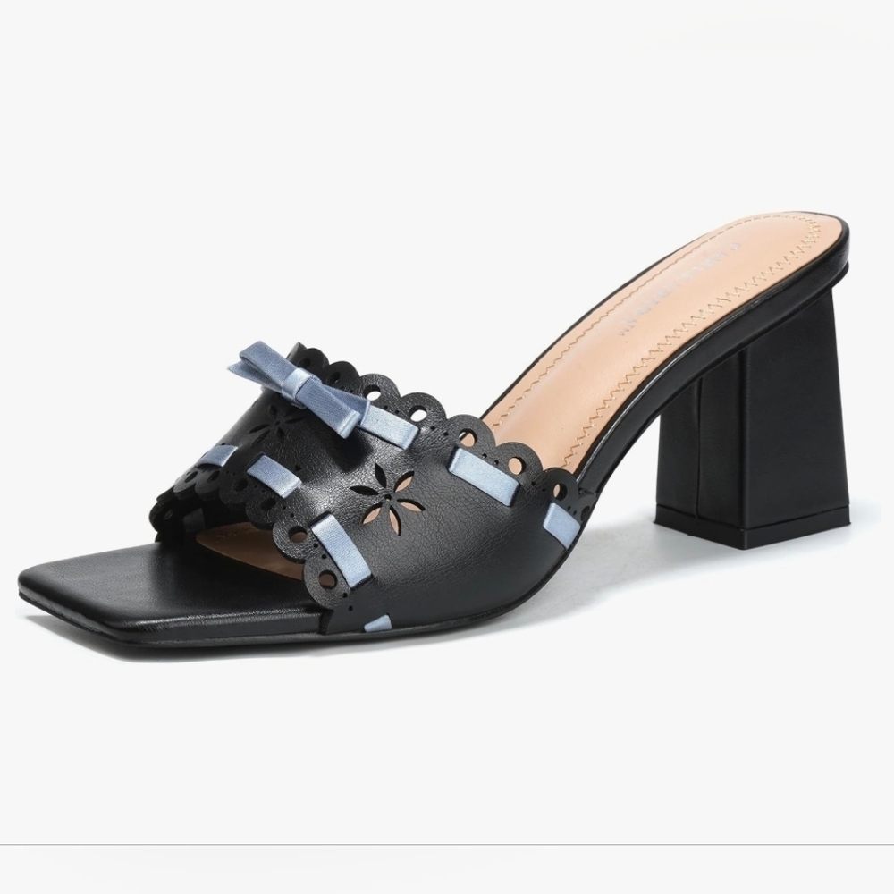 Black W/ Sky Blue Ribbon, Block Heeled Open Toed Mules - New Size 8 & 11